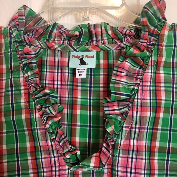 Harley and the Hound Plaid V-Neck Ruffle Neck Blouse. Size XL - Picture 5 of 8